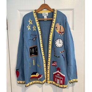 Vintage 90s Quacker Factory School Teacher Cardigan Novelty Ruler Trim Large